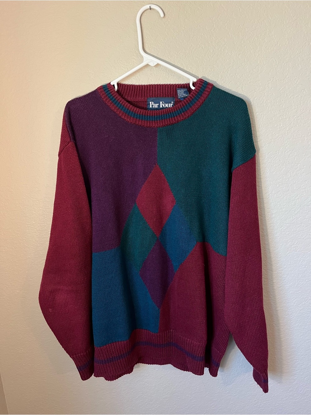Vintage 90s Par Four Argyle Colorblock Sweater Large Burgundy Teal Golf Preppy